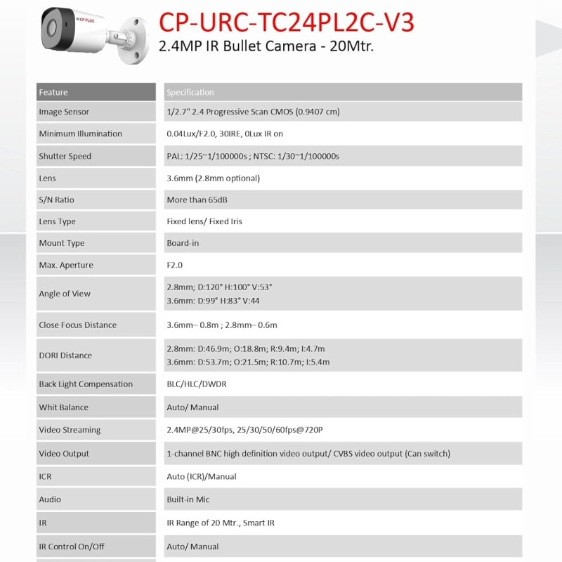 CP PLUS 2.4MP IR Bullet Camera CP-URC-TC24PL2C-V3 Camera with Support Built in Mic | 1080P Full HD Recording | Max 30fps| Illumination Range of 20 Mtrs, IP67 – CP-URC-TC24PL2C Support Built-in Mic