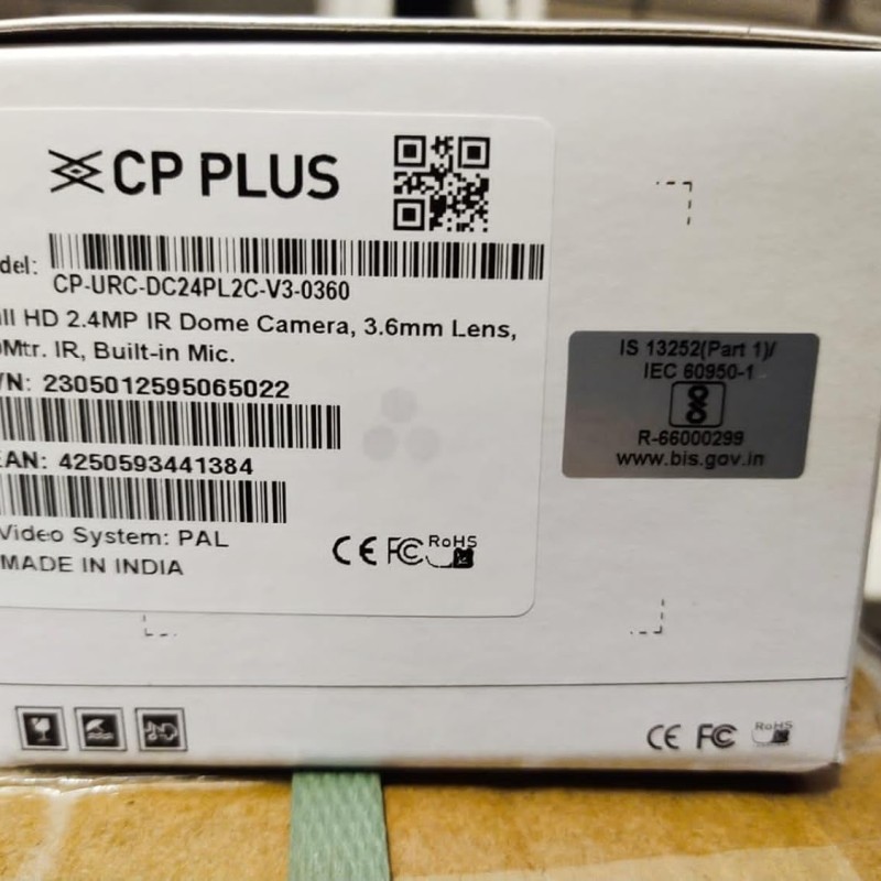 CP PLUS 2.4MP IR Dome Security Camera | 3.6mm Fixed Lens | Max 25/30fps at 2.4MP - CP-URC-DC24PL2C-V3