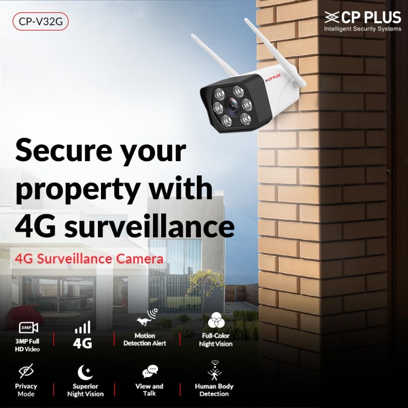 CP PLUS 3MP 4G Sim Card Supported Outdoor Smart Bullet Camera | Support RJ45 Port and 4G Sim – IP66 CP-V32G