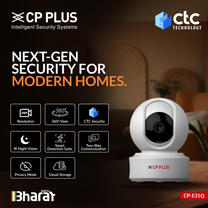 CP PLUS 3MP Resolution Smart Wi-fi CCTV Home Security Camera | 360° View | Motion Tracking CP-E31Q