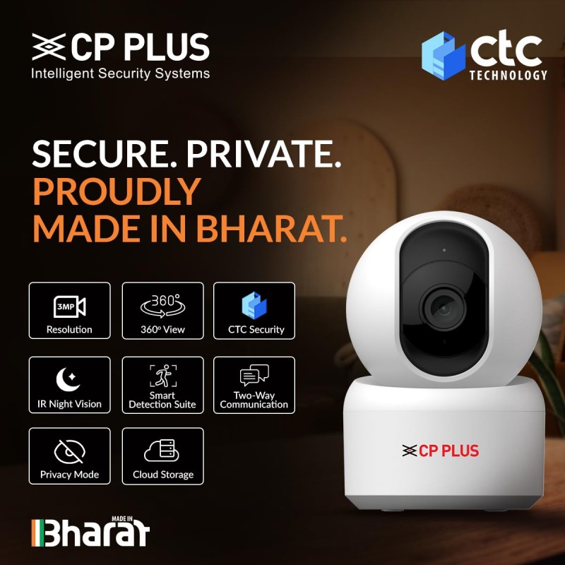 CP PLUS 3MP Smart Wi-Fi CCTV Camera | 360° Pan & Tilt | CTC Cyber Secure Tech Supports OK Google | CP-E35Q