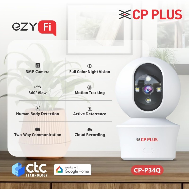 CP PLUS 3MP Smart Wi-Fi CCTV Camera for Home with 360° Pan & Tilt EZ-P34Q
