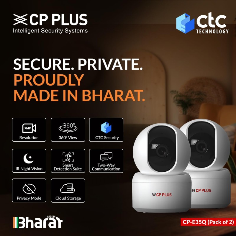 CP PLUS 3MP Smart Wi-Fi CCTV Security Camera | 360° Pan & Tilt | CTC Cyber Secure Supports OK Google | CP-E35Q (Pack of 2)
