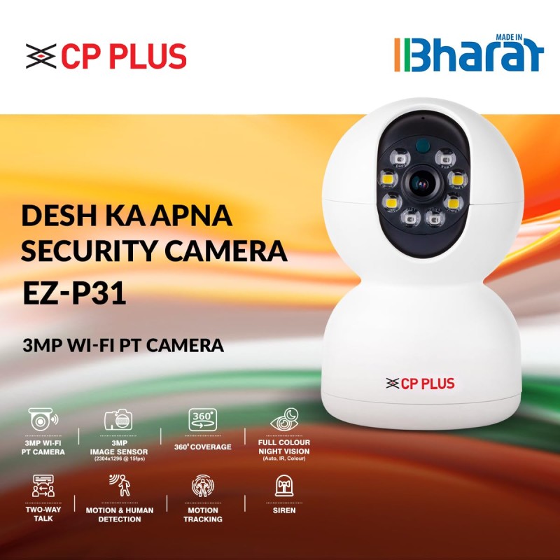 CP PLUS 3MP Smart Wi-fi CCTV Camera | 360° & Full HD Home Security | Full Color Night Vision EZ-P31
