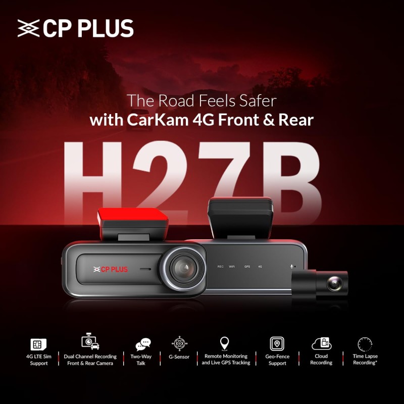 CP PLUS 4G Live Dashcam for Car | 2MP FHD Front & Rear Dash Cam | Remote Live View | GPS Tracking & Smart Alerts CP-H27B