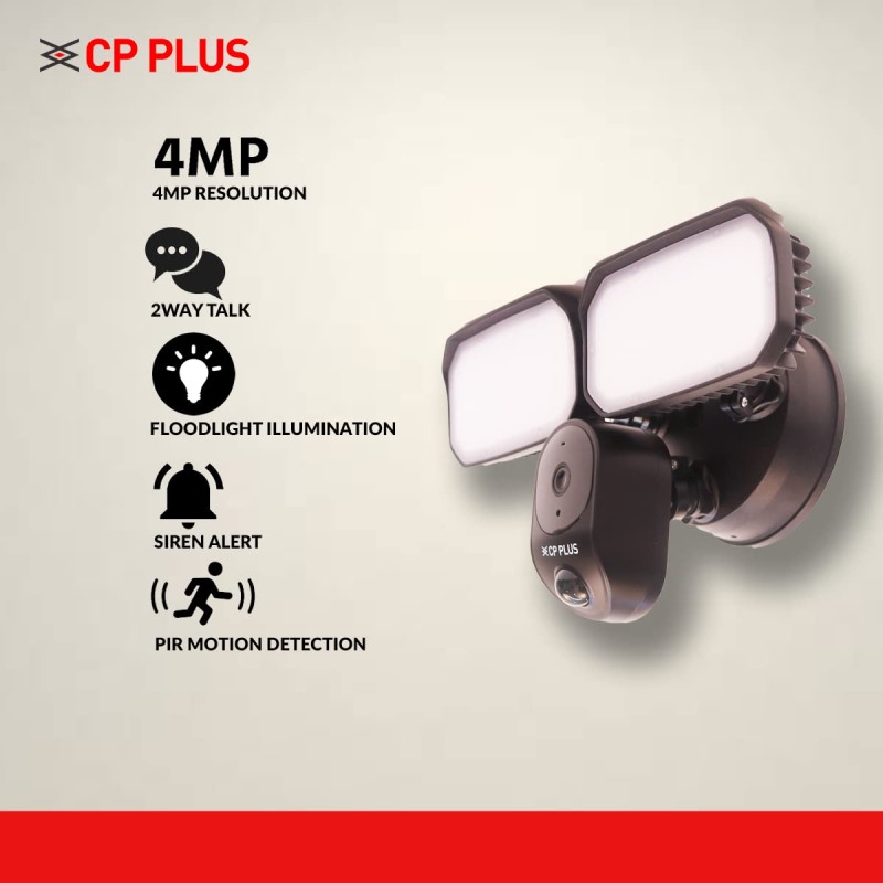 CP PLUS 4MP Outdoor Wi-fi Floodlight Camera | 110° Angle of View | Built-in Mic | Night Vision | SD Storage CP-F41A