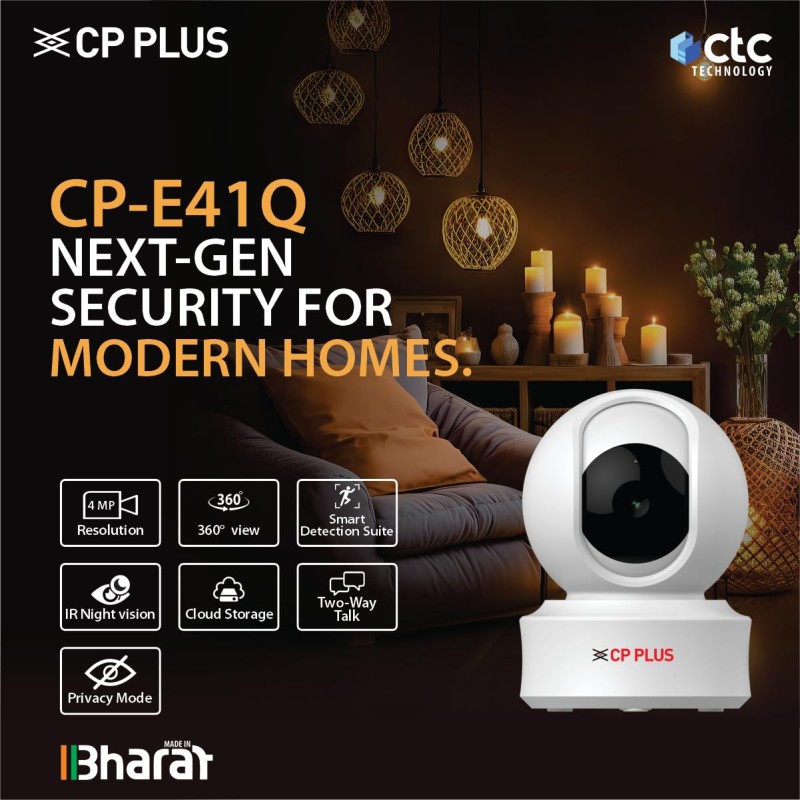 CP PLUS 4MP Quad HD Smart Wi-Fi CCTV Camera for Home | 360° Pan & Tilt | CTC Cyber Secure Tech | Supports LAN CP-E41Q