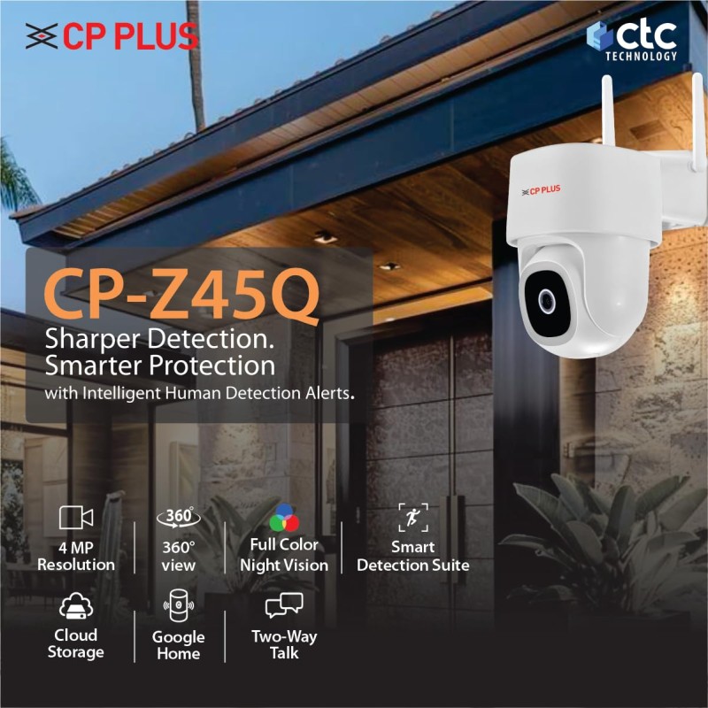 CP PLUS 4MP Quad HD Wi-Fi CCTV Camera for Outdoor | 360° Pan & Tilt | Full-Color Night Vision | CTC Cyber Secure Tech CP-Z45Q