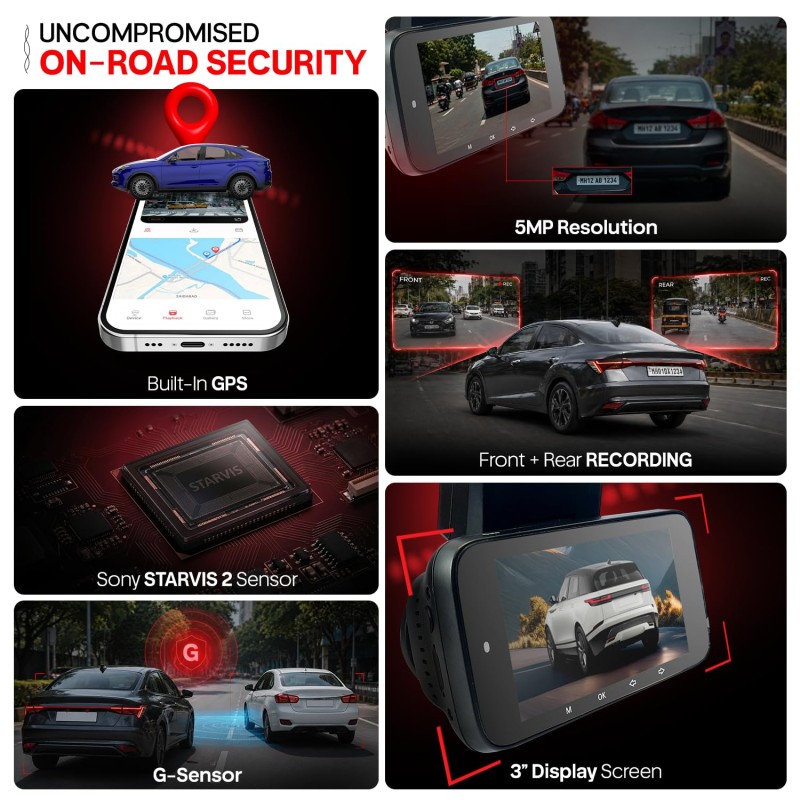 CP PLUS Dash Cam for Car CP-F59B | Dual Dashcam | 3K 5MP UHD Front and 2MP FHD Rear Camera | Sony STARVIS 2 IMX675 Sensor