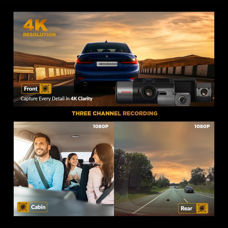 CP PLUS True 4K Dashcam for Car with Built-in GPS | 8MP Front, Cabin & Rear (3 CH) Dash Cam CP-F86C