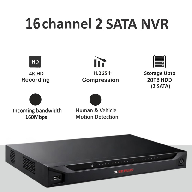 CP Plus 16Ch 4K 2HDDs Network Video Recorder, Instastream, H.265, H.264, MJPEG,Upto12MP Resolution [CP-UNR-4K4162-V4]