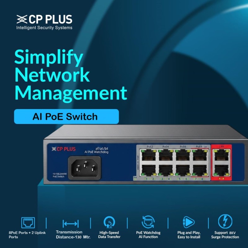 CP Plus 8 Port POE Switch with 2 GIGA UP-Link Ports (CP-ANW-HPU8G2-N12)