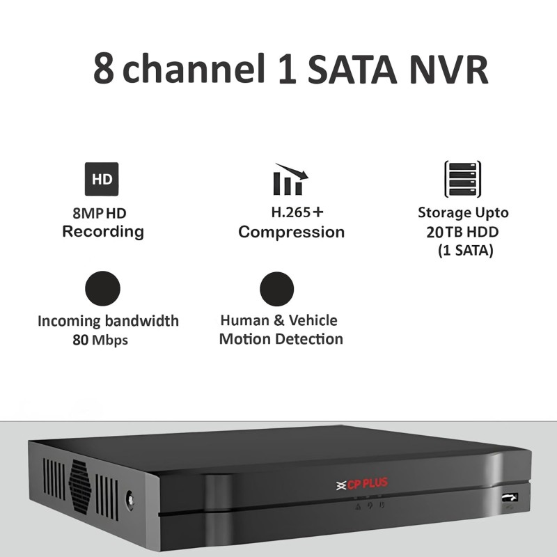 CP Plus 8Ch. 4K Network Video Recorder, Up to 8 Channel IP Camera Input, Instastream, H.265+ Compression [CP-UNR-4K2081-V4]