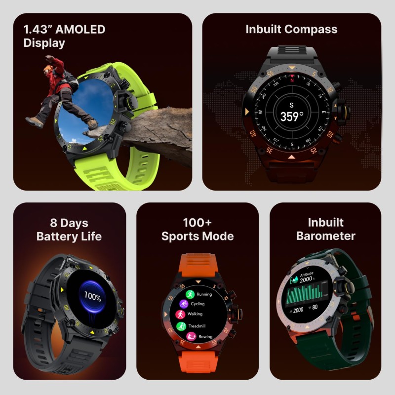 CULTSPORT Forge XR 1.43" Rugged Amoled, Barometer, Altimeter, Compass, Strava Integrated (Green)
