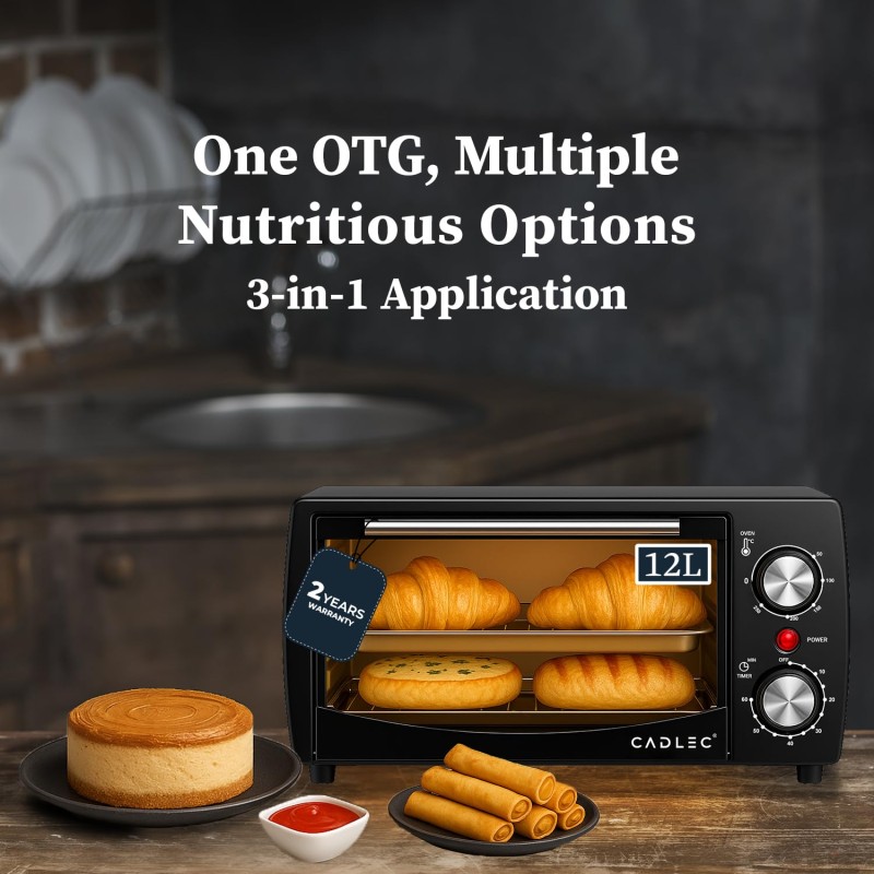 Cadlec Cruise Pro 12L Multi-Function OTG for Kitchen, 1000W Oven Toaster Griller, Bake Grill Toast, Adjustable Temperature & Timer, Black