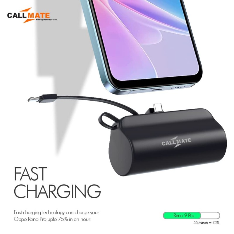 Callmate PowerPod-C 5000mAh Pocket-Sized 15W Portable Power Bank with Plug-in Type-C Port & inbuilt Light-ning Cable- (Black)