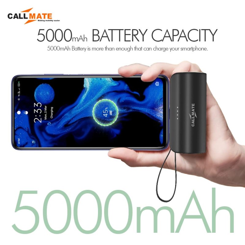 Callmate PowerPod-C 5000mAh Pocket-Sized 15W Portable Power Bank with Plug-in Type-C Port & inbuilt Light-ning Cable- (Black)