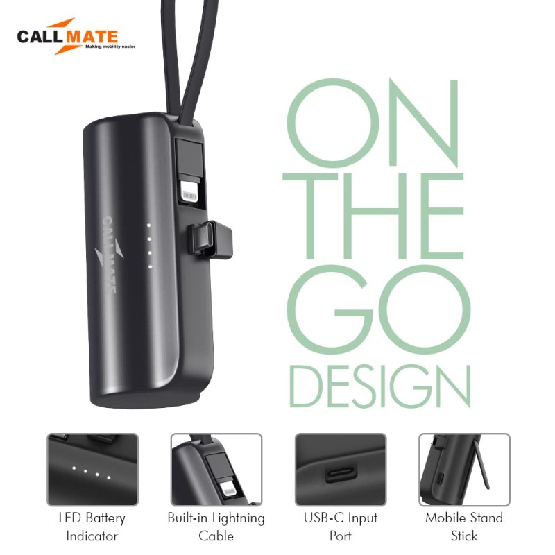 Callmate PowerPod-C 5000mAh Pocket-Sized 15W Portable Power Bank with Plug-in Type-C Port & inbuilt Light-ning Cable- (Black)