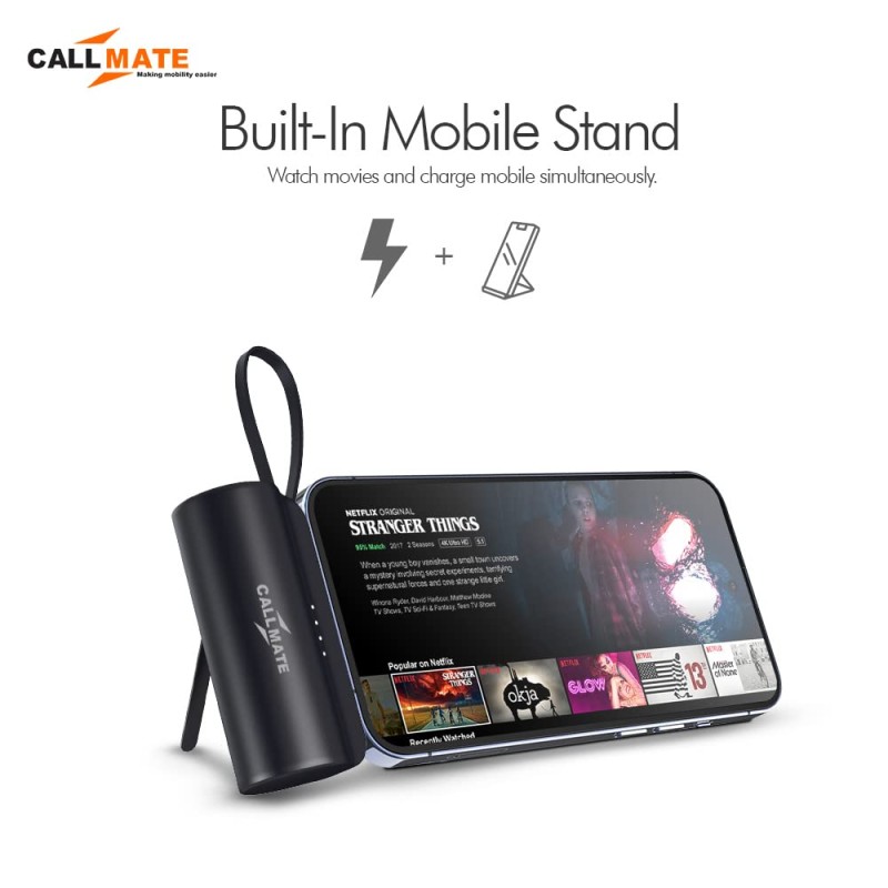 Callmate PowerPod-C 5000mAh Pocket-Sized 15W Portable Power Bank with Plug-in Type-C Port & inbuilt Light-ning Cable- (Black)