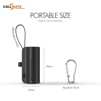 Callmate PowerPod-C 5000mAh Pocket-Sized 15W Portable Power Bank with Plug-in Type-C Port & inbuilt Light-ning Cable- (Black)