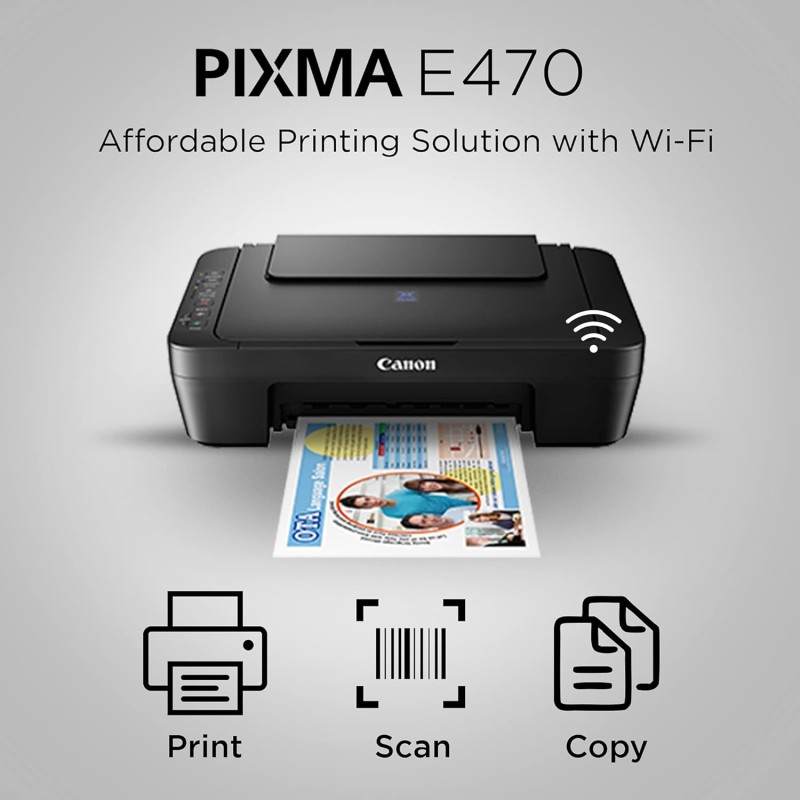 Canon PIXMA E470 All in One (Print, Scan, Copy) WiFi Ink Efficient Colour Printer
