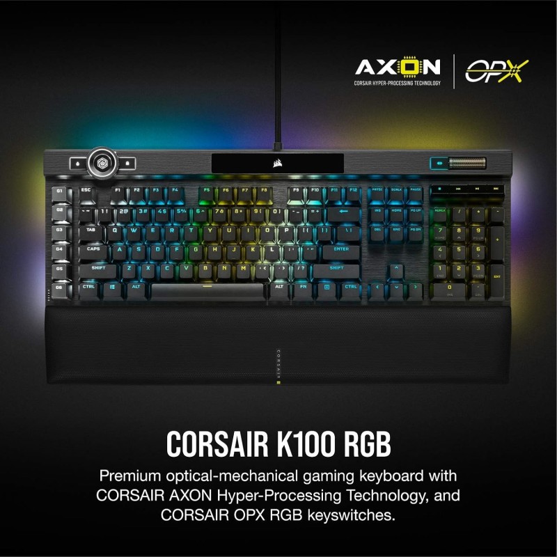 Corsair K100 RGB Optical-Mechanical Gaming Keyboard with OPX RGB Optical-Mechanical Key Switches and AXON Hyper Processing Technology for 4X Faster and 44-Zone RGB Light Edge (Black)