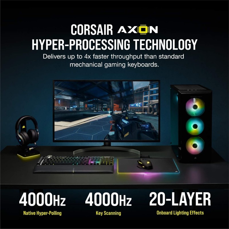 Corsair K100 RGB Optical-Mechanical Gaming Keyboard with OPX RGB Optical-Mechanical Key Switches and AXON Hyper Processing Technology for 4X Faster and 44-Zone RGB Light Edge (Black)