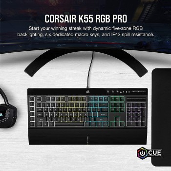 Corsair K55 RGB PRO USB Gaming Keyboard,Dynamic RGB Backlit Keys,Dust & Spill-Resistant,Six Customizable Macro Keys,Elgato Stream Deck Software Integration,Dedicated Media Keys,Detachable Palm Rest