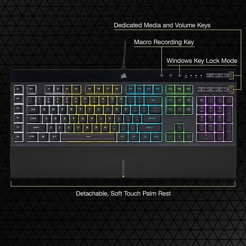 Corsair K55 RGB PRO USB Gaming Keyboard,Dynamic RGB Backlit Keys,Dust & Spill-Resistant,Six Customizable Macro Keys,Elgato Stream Deck Software Integration,Dedicated Media Keys,Detachable Palm Rest