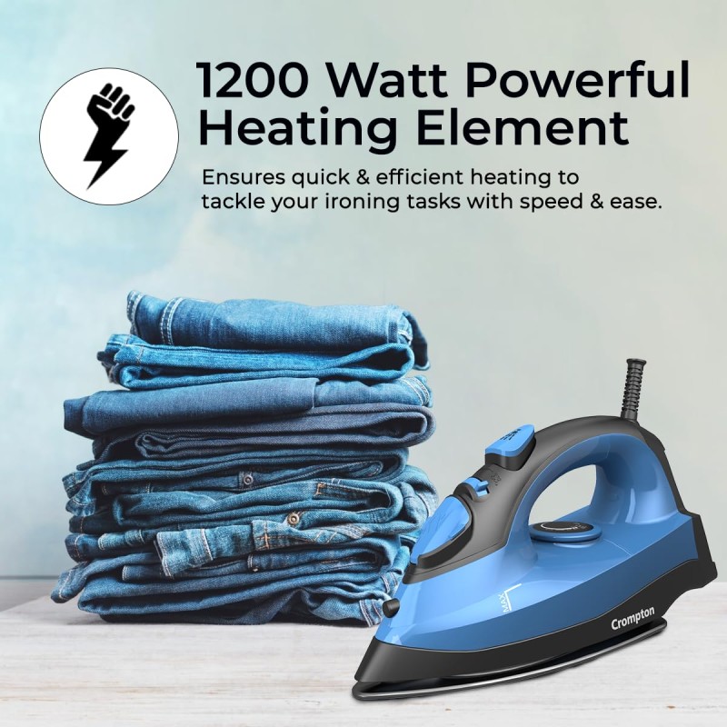 Crompton Fabrimagic Neo 1200 W Steam Iron with 180 ml water tank, Upto 15g /min Steam Output with Vertical Steaming and Non-Stick Soleplate (Blue)