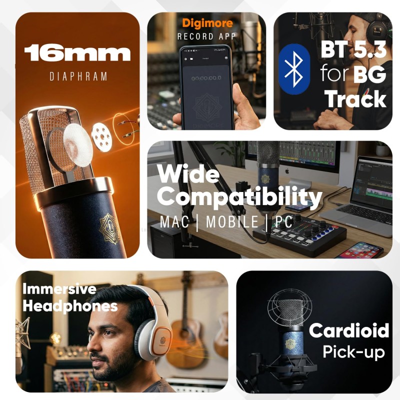 DIGIMORE Condenser Microphone Kit w/Studio Monitoring Headphones | 16-Bit/48kHz Bit Processor (D-440)