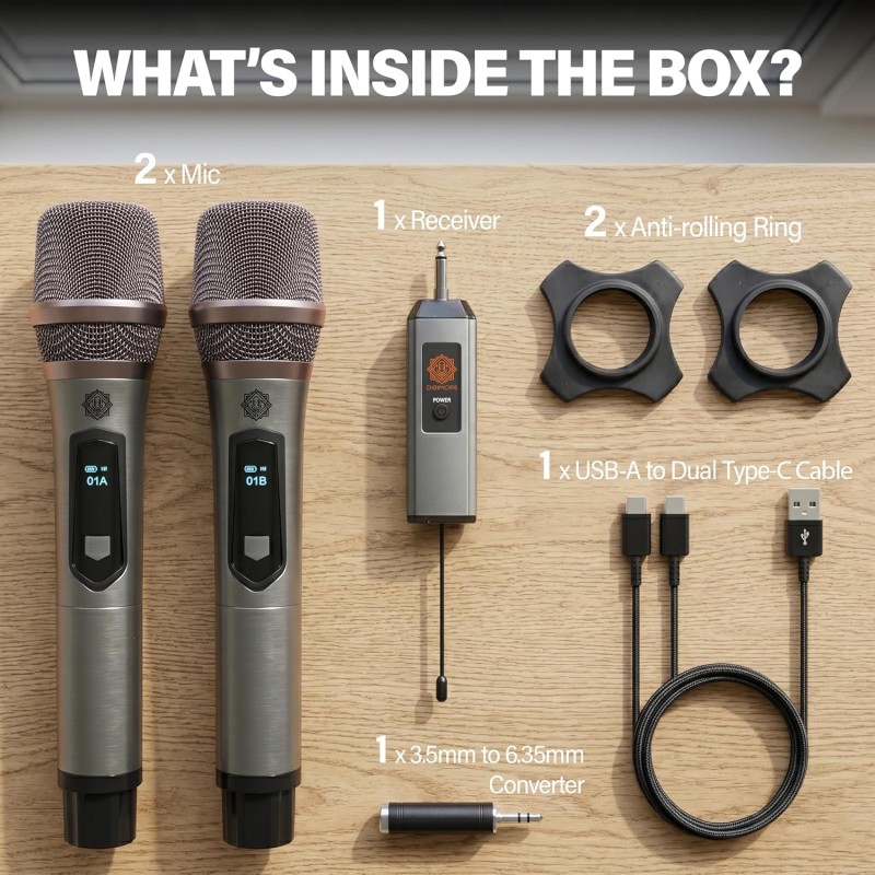 DIGIMORE Dual UHF Wireless Mic System | Cardioid Polar Pattern, Noise-Reduction Coil, <5ms Latency, (D-350)