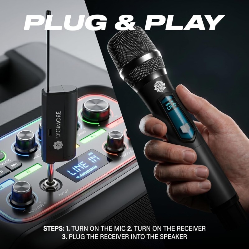 DIGIMORE Rechargeable Wireless Microphone| 6Hrs Battery | 200ft Range | Type-C Charging | LED Digital Display  (D-340 Black)
