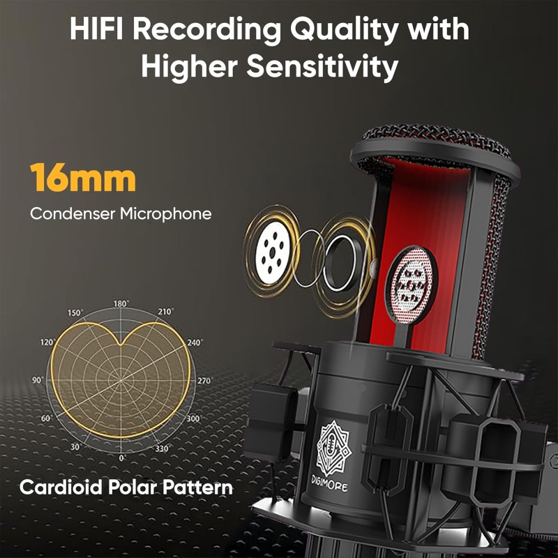 DIGIMORE USB Condenser Microphone Kit | 192kHz/24bit | BoomArm, Pop Filter, Mic Cover, (D-500)