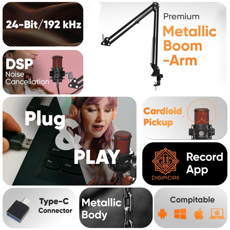 DIGIMORE USB Condenser Microphone Kit | 192kHz/24bit | BoomArm, Pop Filter, Mic Cover, (D-500)