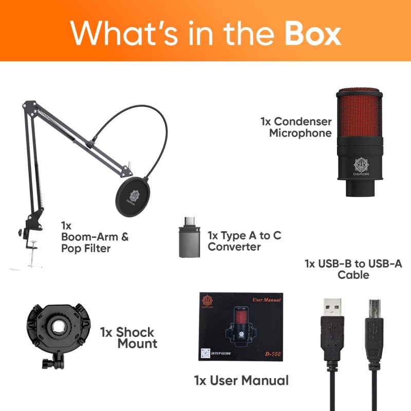DIGIMORE USB Condenser Microphone Kit | 192kHz/24bit | BoomArm, Pop Filter, Mic Cover, (D-500)
