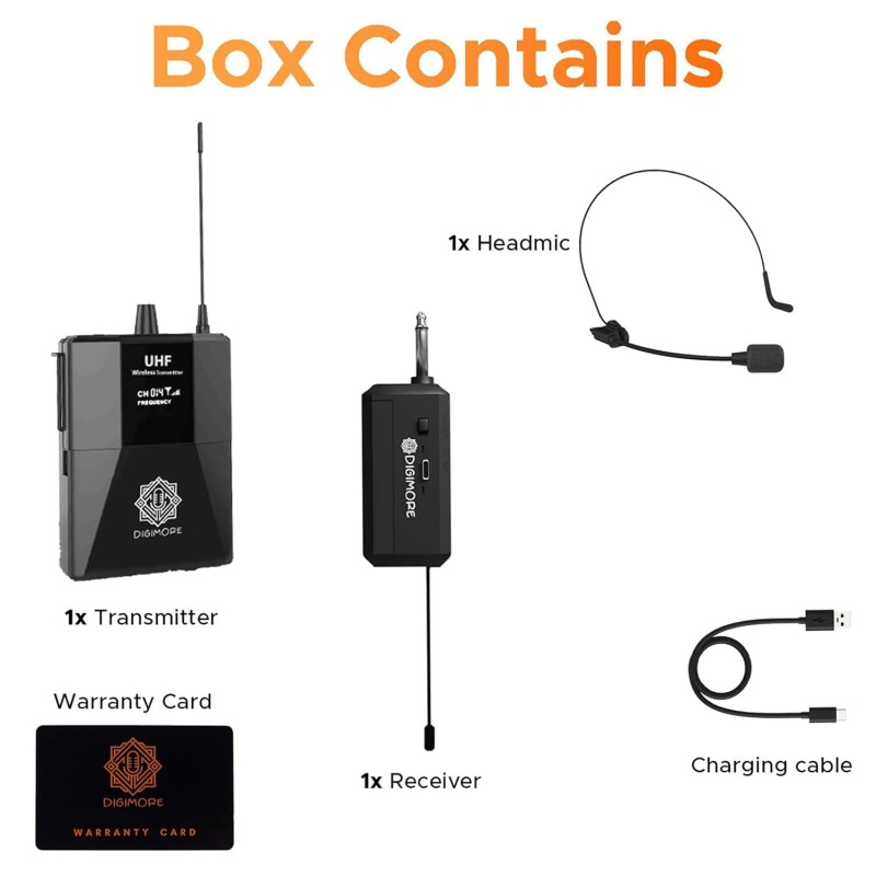 DIGIMORE Wireless Microphone System | Cordless Microphone with Headset Mic | 2400 MHz Mic Ideal for Karaoke, Conference, (D-341)