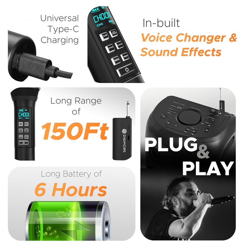 DIGIMORE Wireless Microphone System with AI Voice Changer | Built-in Echo, Bass & Sound Effects | (D-356)