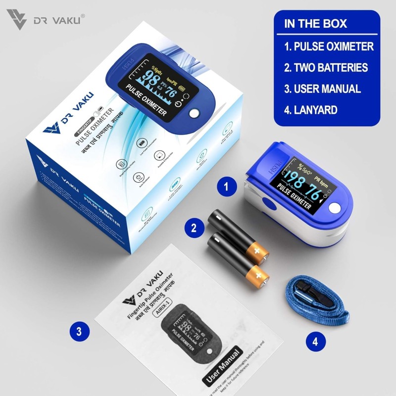 DR VAKU® Swadesi Pulse Oximeter Fingertip, Blood Oxygen Saturation Monitor Fingertip, Blood Oxygen Meter Finger Oximeter Finger with Pulse, with Four Color TFT Screen [Battery Included] – Blue