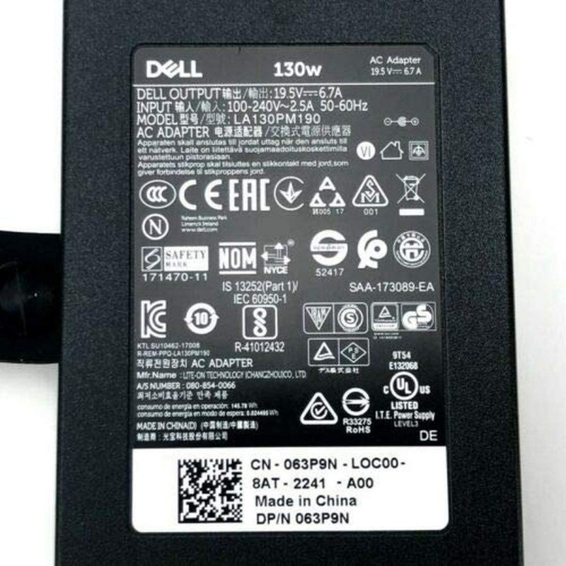 Dell 130W 240V Slim 7.4 MM Pin Laptop Charger Adapter For Alienware, Inspiron 15, Latitude, Precision And Vostro 15 Models - Black Original