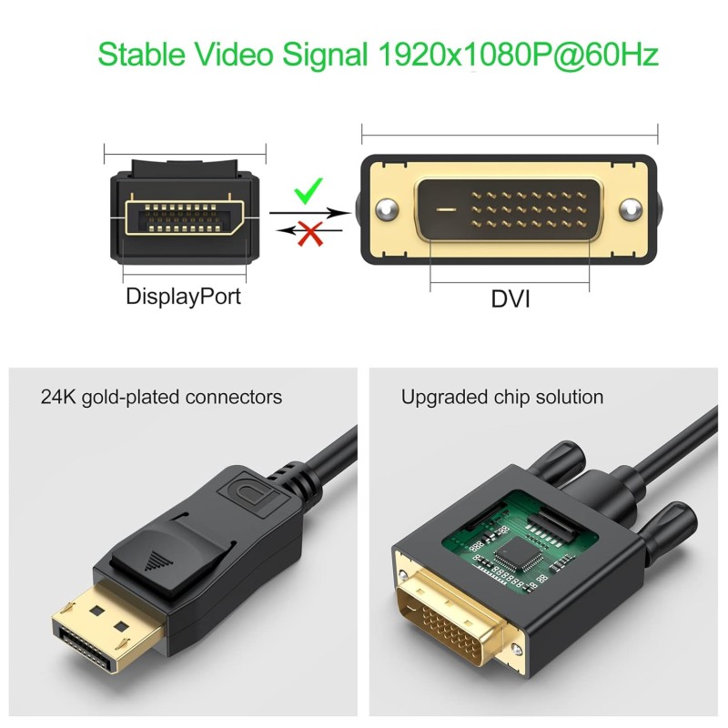 DisplayPort to DVI Cable 10ft (DP to DVI-D Cable) Compatible with PC, Laptop, HDTV, Projector, Monitor, More- Gold-Plated