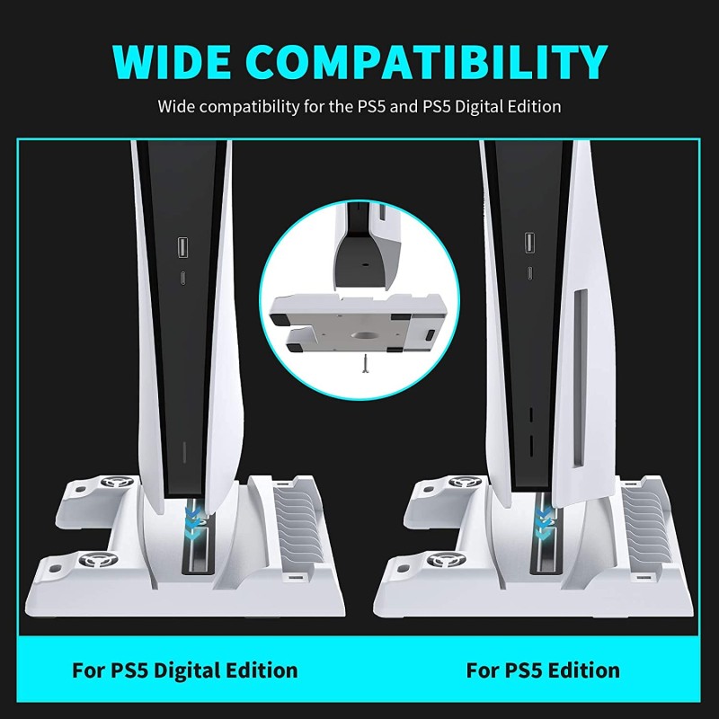 Dobe Cooling Station for PS5, Vertical Stand with Cooling Fan, Controller Charger Dock for PS5 Controller, 3 USB Ports, Retractable Bracket Tabletop