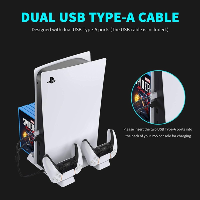 Dobe Cooling Station for PS5, Vertical Stand with Cooling Fan, Controller Charger Dock for PS5 Controller, 3 USB Ports, Retractable Bracket Tabletop