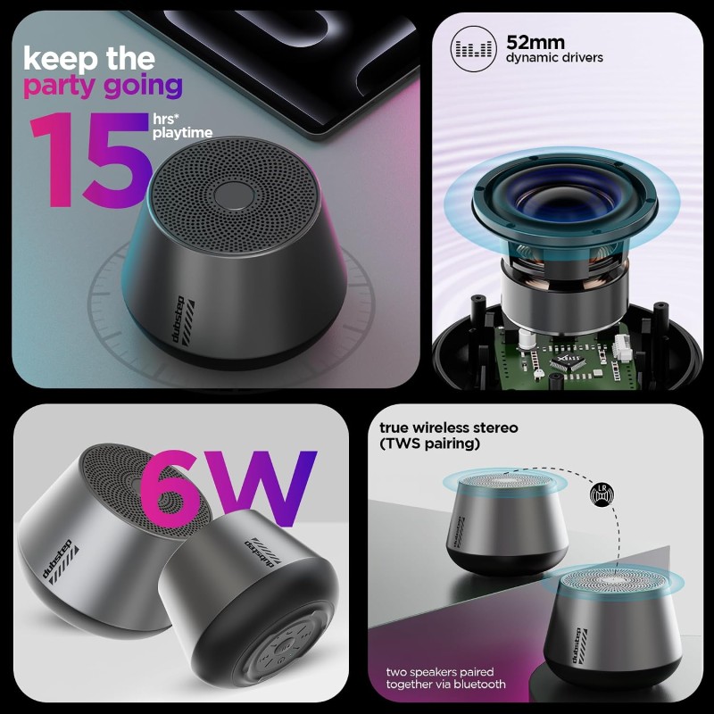 Dubstep Pop 610 Wireless Speaker, 15 Hrs Playtime, 52mm Dynamic Drivers, TWS Pairing, 6W Output Bluetooth Speakers (Grey)