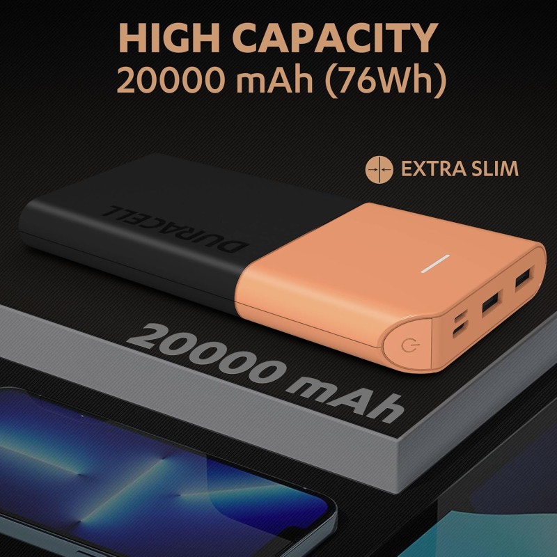 Duracell 20000 MAH Slimmest Power Bank with 1 Type C PD and 2 USB A Port, 22.5W Fast Charging Portable Charger.
