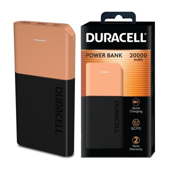 Duracell 20000 MAH Slimmest Power Bank with 1 Type C PD and 2 USB A Port, 22.5W Fast Charging Portable Charger.