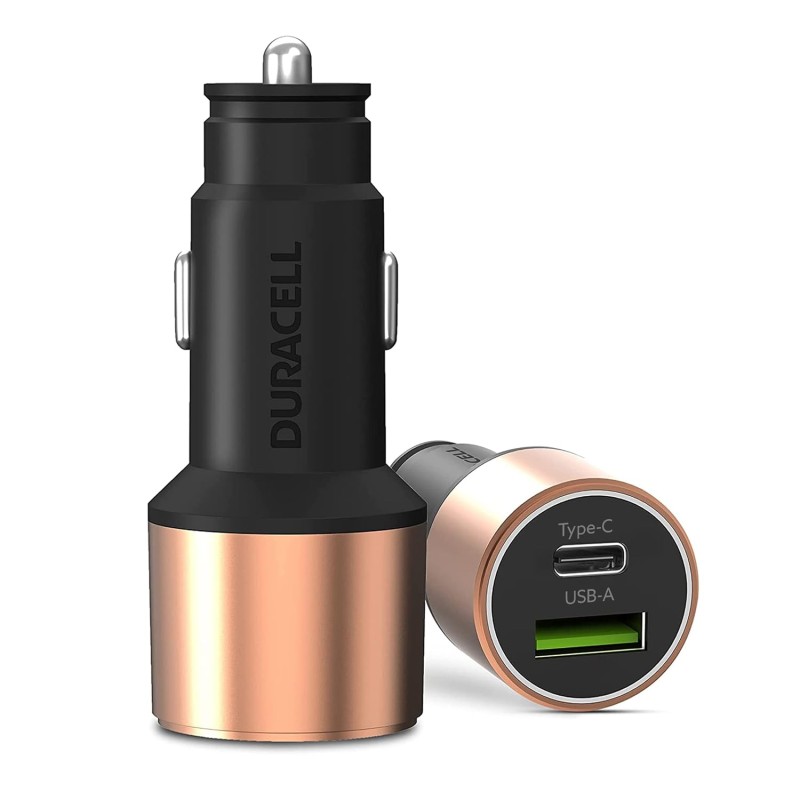 Duracell 65W Fast Car Charger Adapter with Dual Output. Quick Charge, Type C PD 45W & Qualcomm Certified 3.0 20W (Copper & Black)