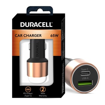 Duracell 65W Fast Car Charger Adapter with Dual Output. Quick Charge, Type C PD 45W & Qualcomm Certified 3.0 20W (Copper & Black)