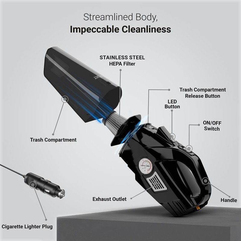 Dylect Turbo Sweep 400 (2 in 1) Tyre Inflator with Car Vacuum Cleaner with LED Light, 5500Pa Suction Power (Dry Use Only)