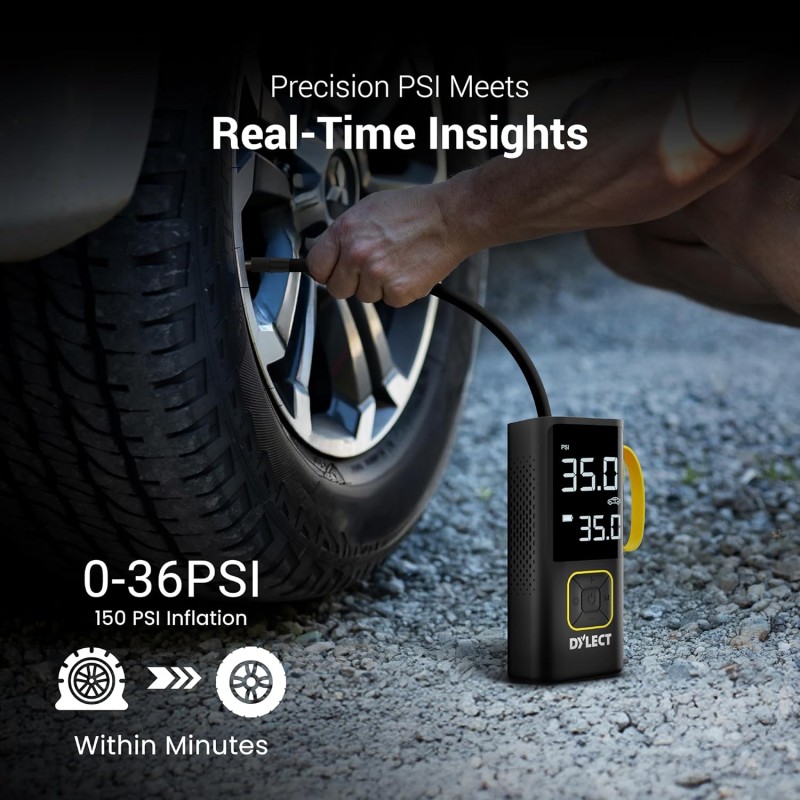 Dylect Tyre Inflator for Car and Bike| Home Use| Works Both on DC Port & Battery| Type-C Charging| 6000mAh BIS Certified